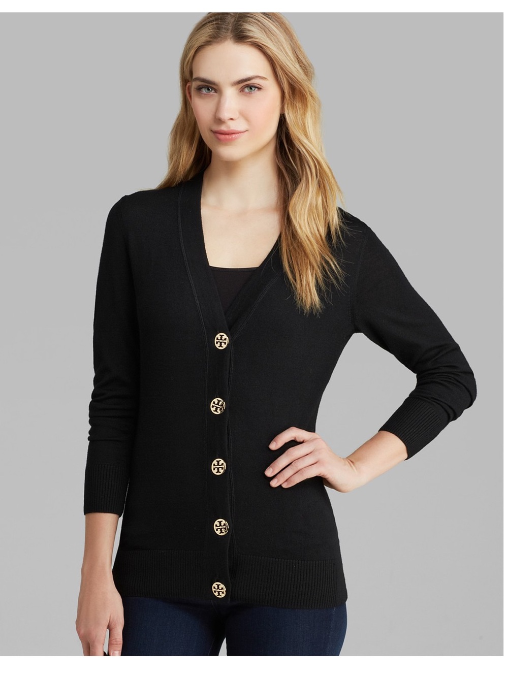 Tory Burch Black V-Neck Button Simone Cardigan with Gold-Tone Buttons